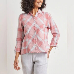 Habitat Country Ruched Sleeve Linen Blend Plaid Shaped Button Down Top